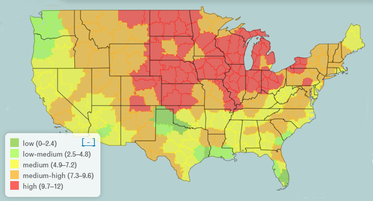 Map of pollen counts across the united states